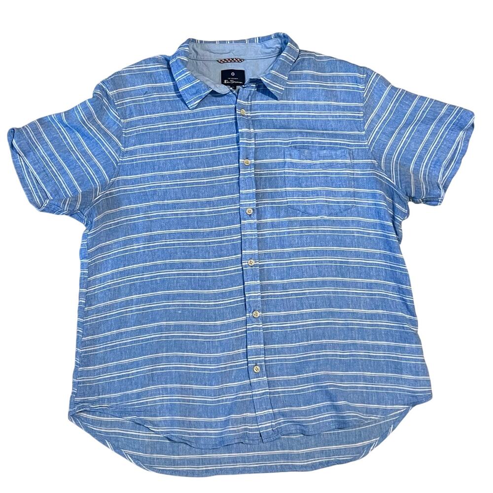 Ben Sherman Men’s Linen Blend Blue White Stripe Short Sleeve Button Down Size XL